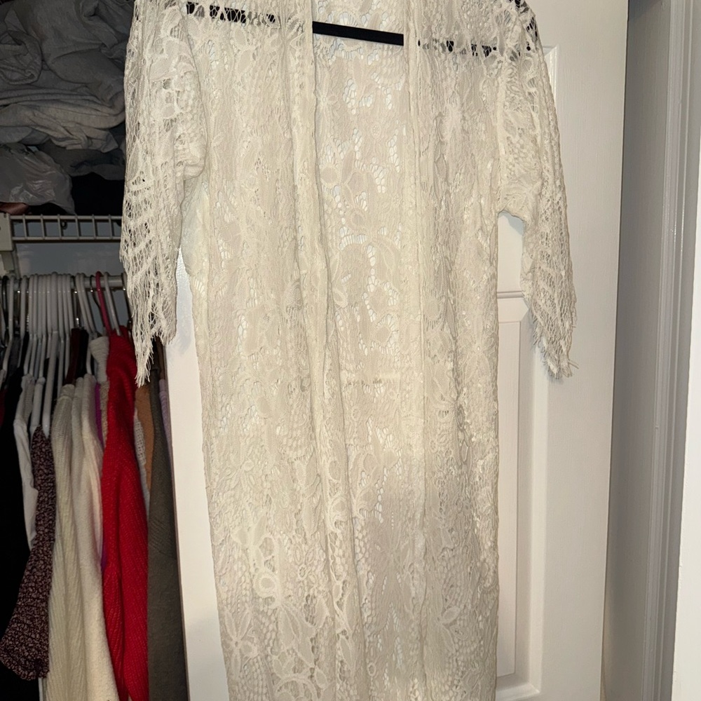 White lace robe with satin tie